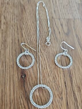 Silver Crystal Circle Necklace and Earrings Set